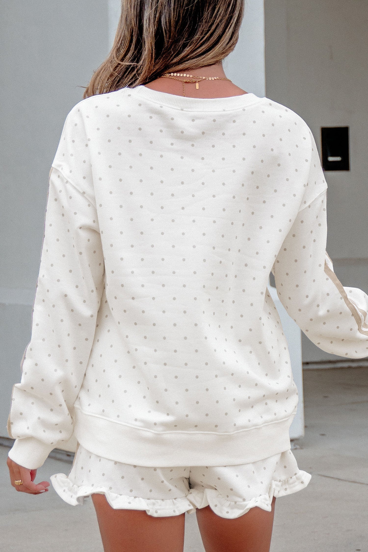 Polka-Dot Print Side Stripe Everyday Sweatshirt 2pcs Short Set in White