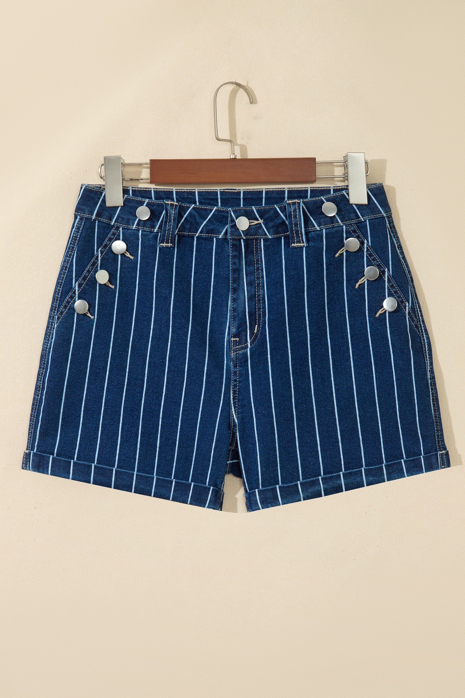 Stripe Metal Button Detail Womens Denim Shorts in Blue