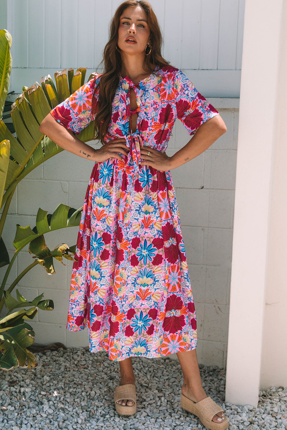 Floral Tied Front High-Waisted Short-Sleeved Loose Long Dress