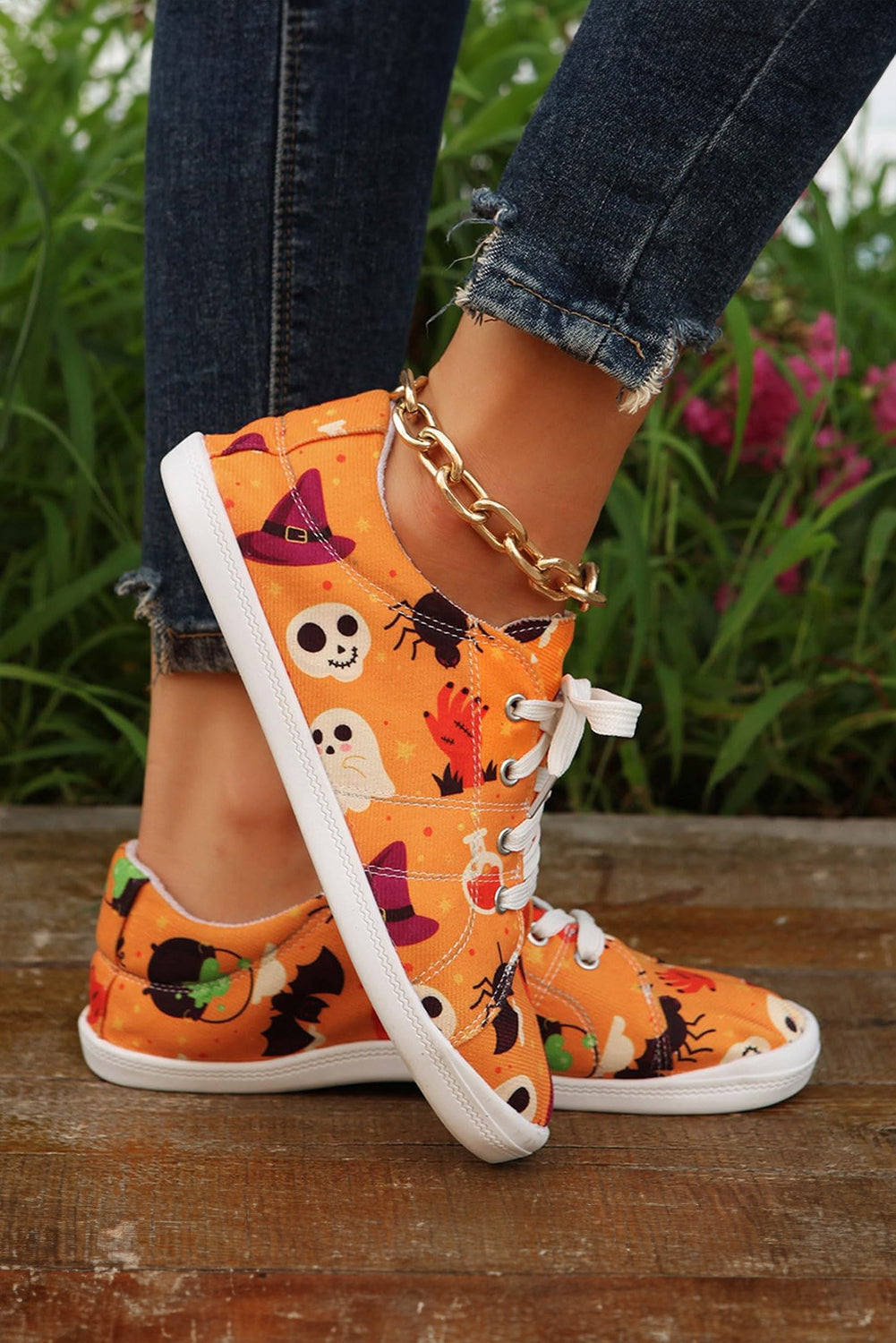 Ghost Halloween Pumpkin Print Lace-up Flat Shoes