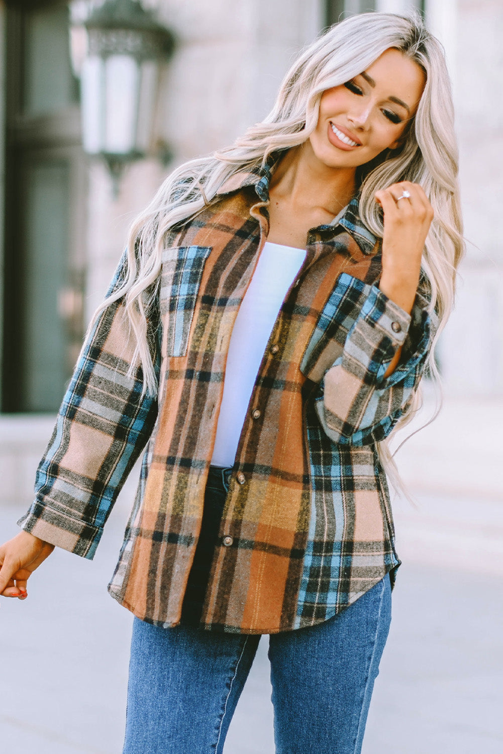 Women's Pockets Featuring Button-Front Shirt with Plaid Color-Block