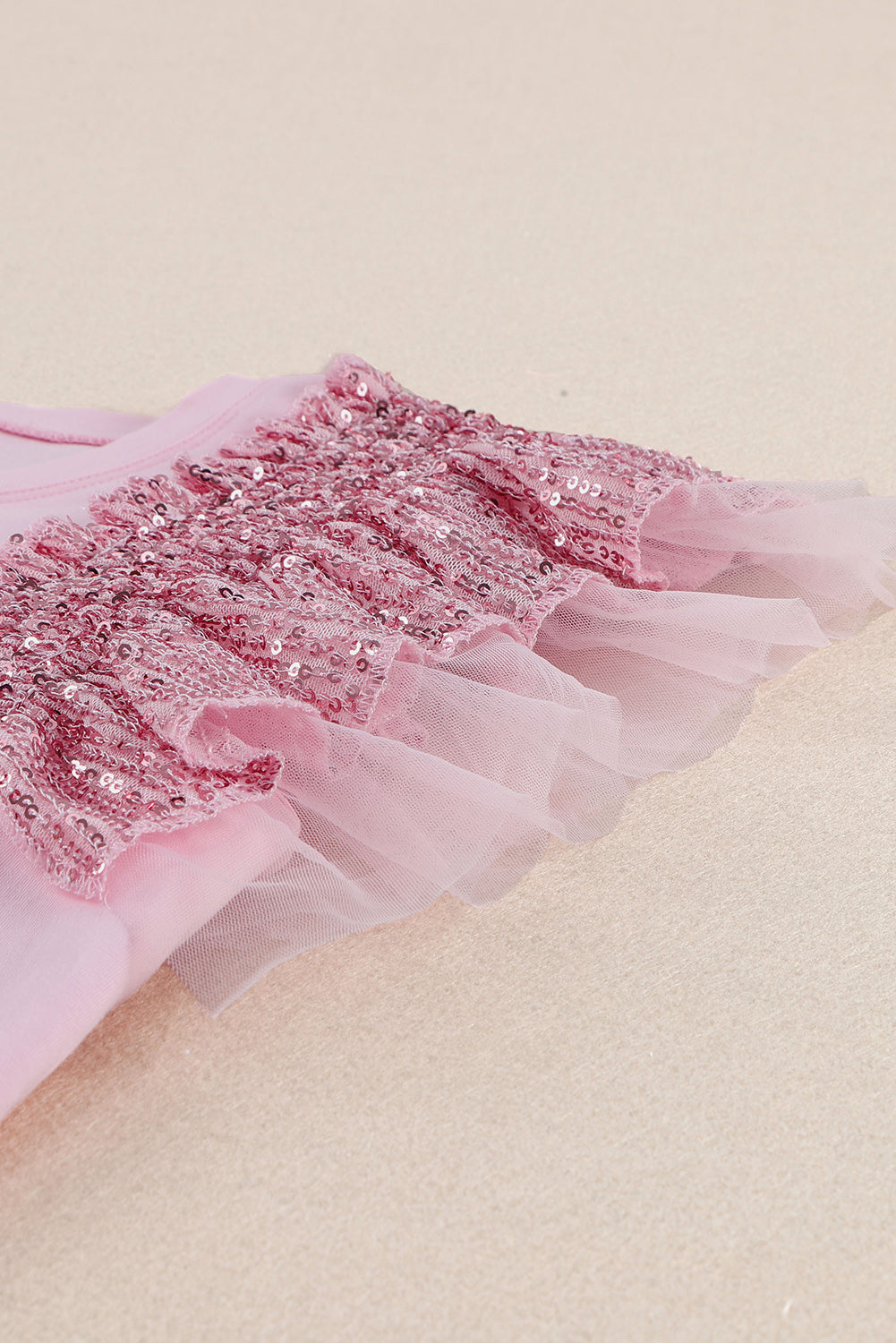 Top for Women Mesh Sleeves Sequined Ruffle-Trimmed