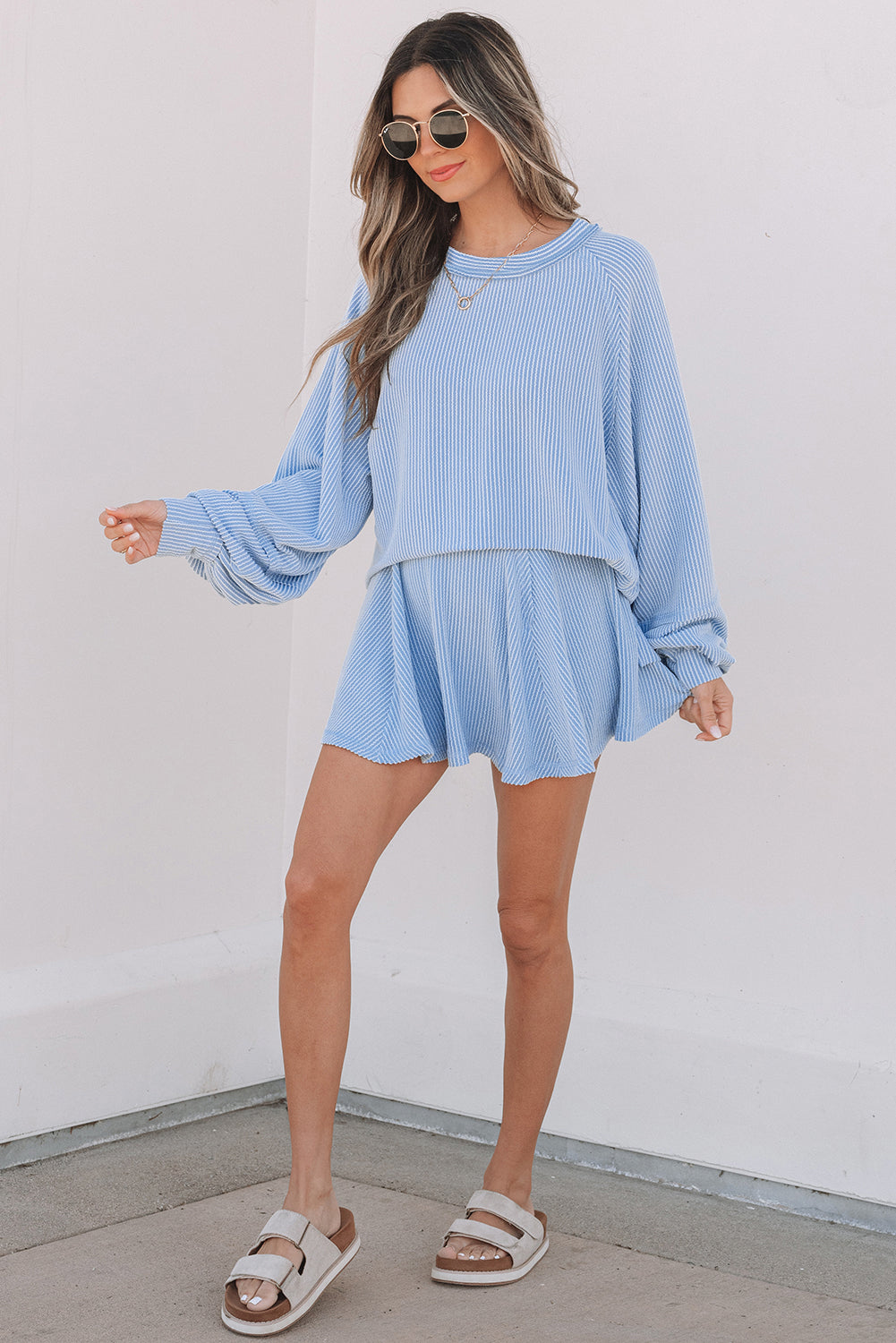 Sleeve Corded Lantern Top High-Waisted Ruffled Mini Skort Set in Sky Blue