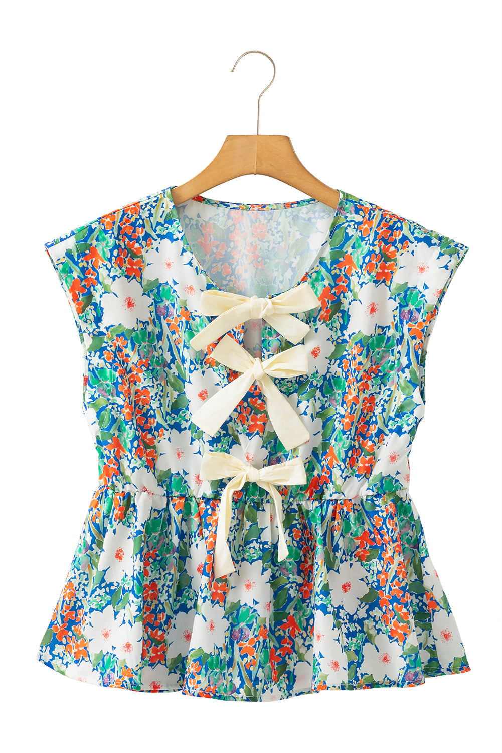 Bow Applique Floral-Print Applique Slit Sleeveless Peplum Blouse