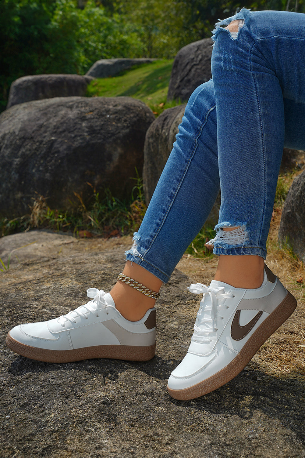 Color Contrast PU Leather Lace-up Sneakers