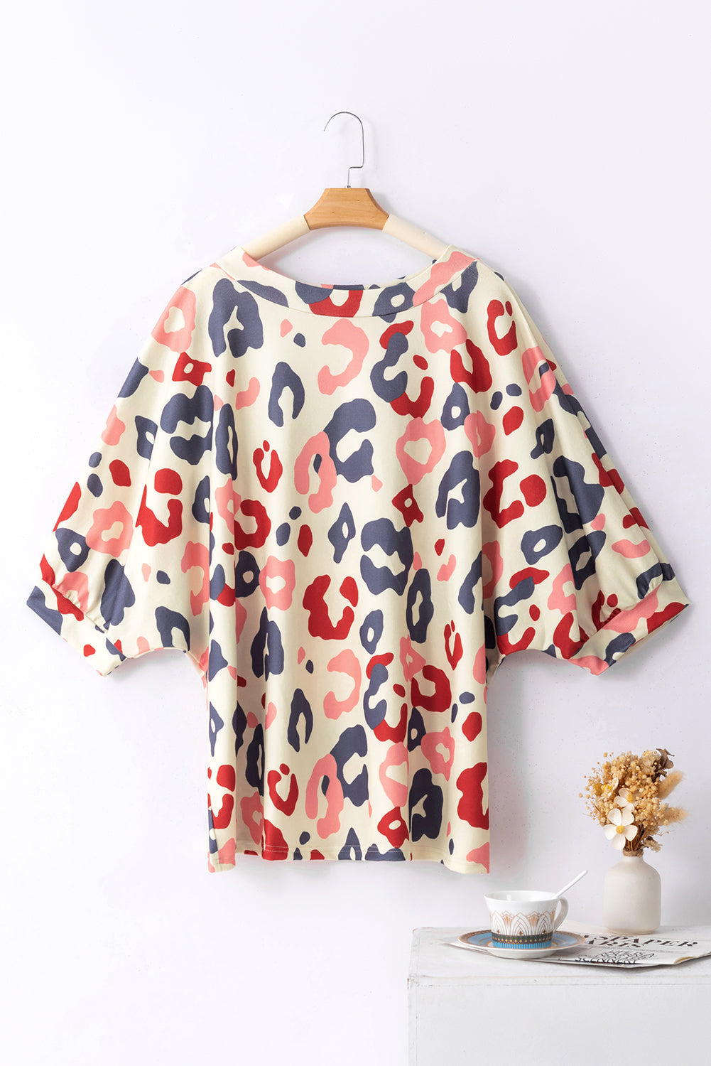 Blouse for Women Leopard-Print Batwing Sleeve Plus