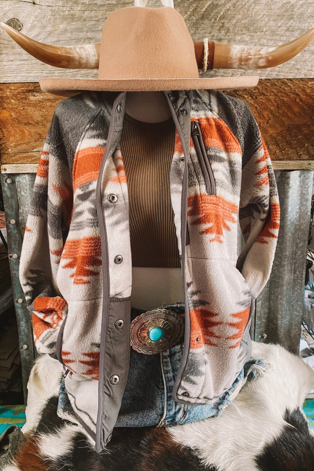 Women's Fleece Western Aztec Snap Button-Front Jacket