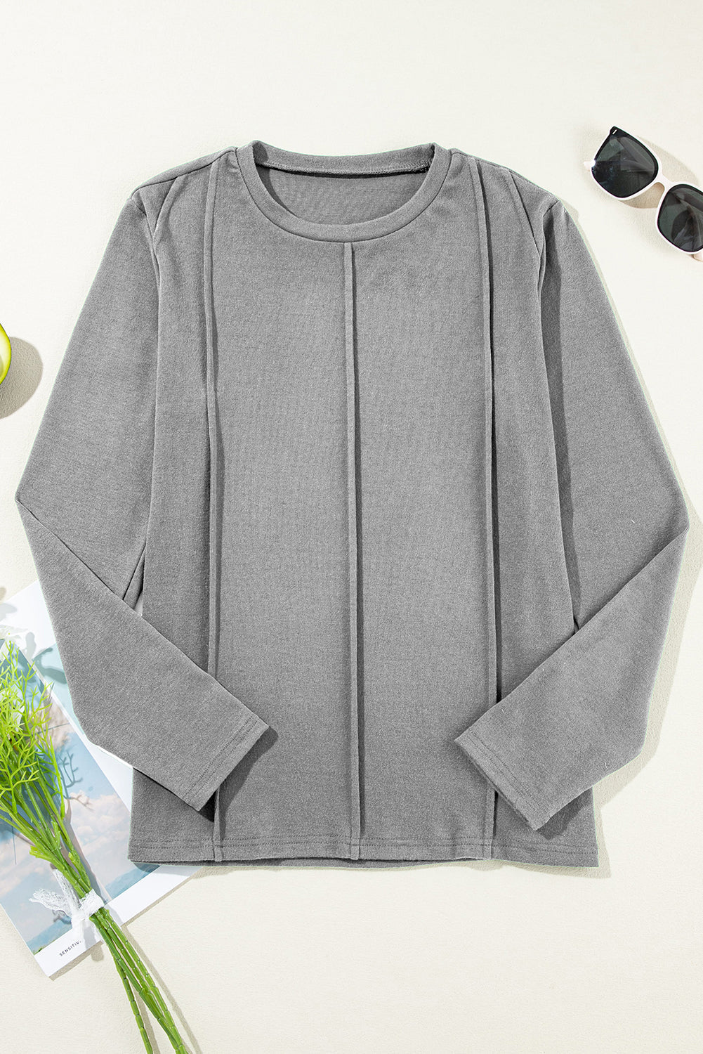 Light Grey Exposed Seam Crew-Neck Long-Sleeved Top