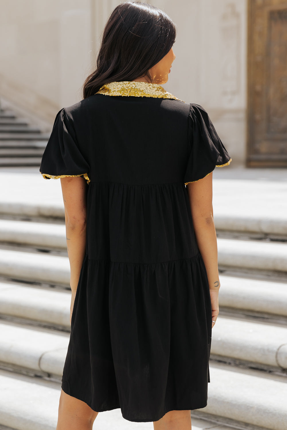 Women's Bubble Sleeve Sequin Trim Shirt Dress