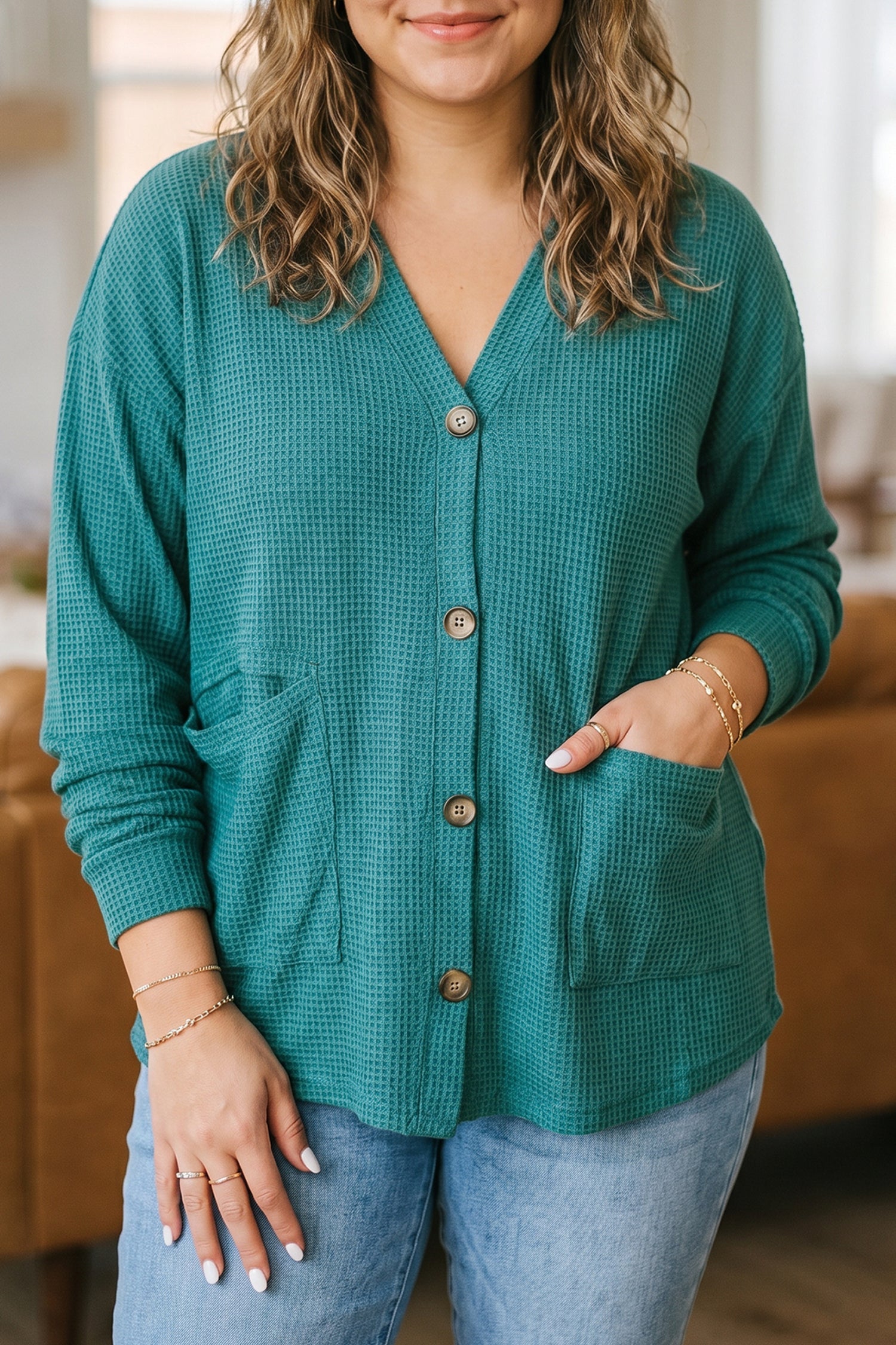 Textured Lapis Waffle Button Front Tunic Plus Size Cardigan
