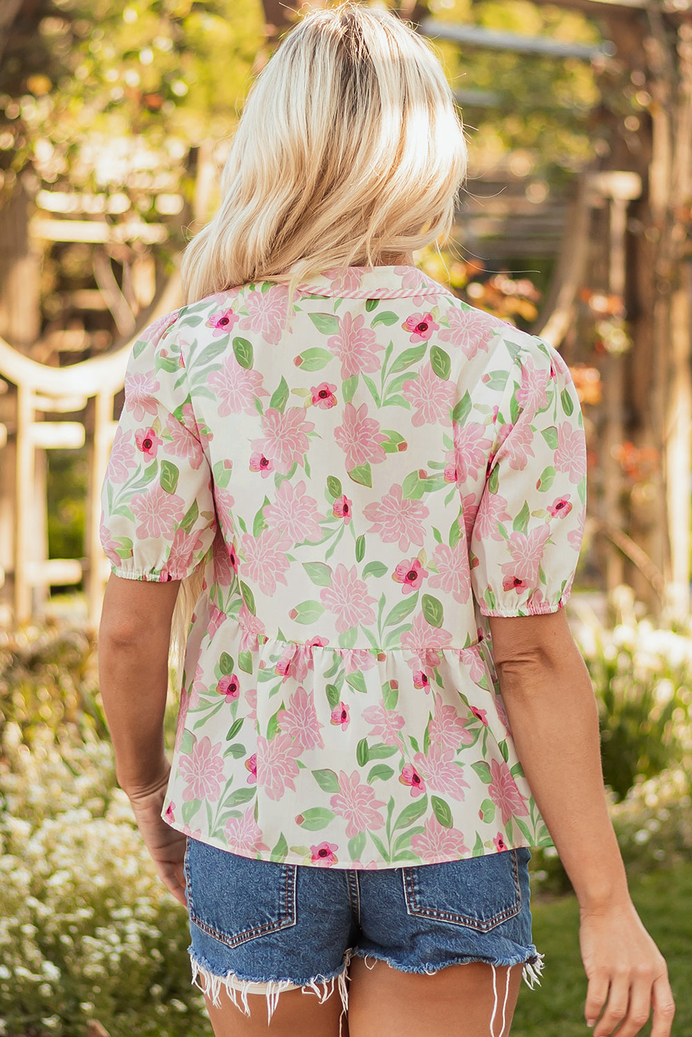 Floral-Print Drawcord V-Neck Peplum Blouse in Pink