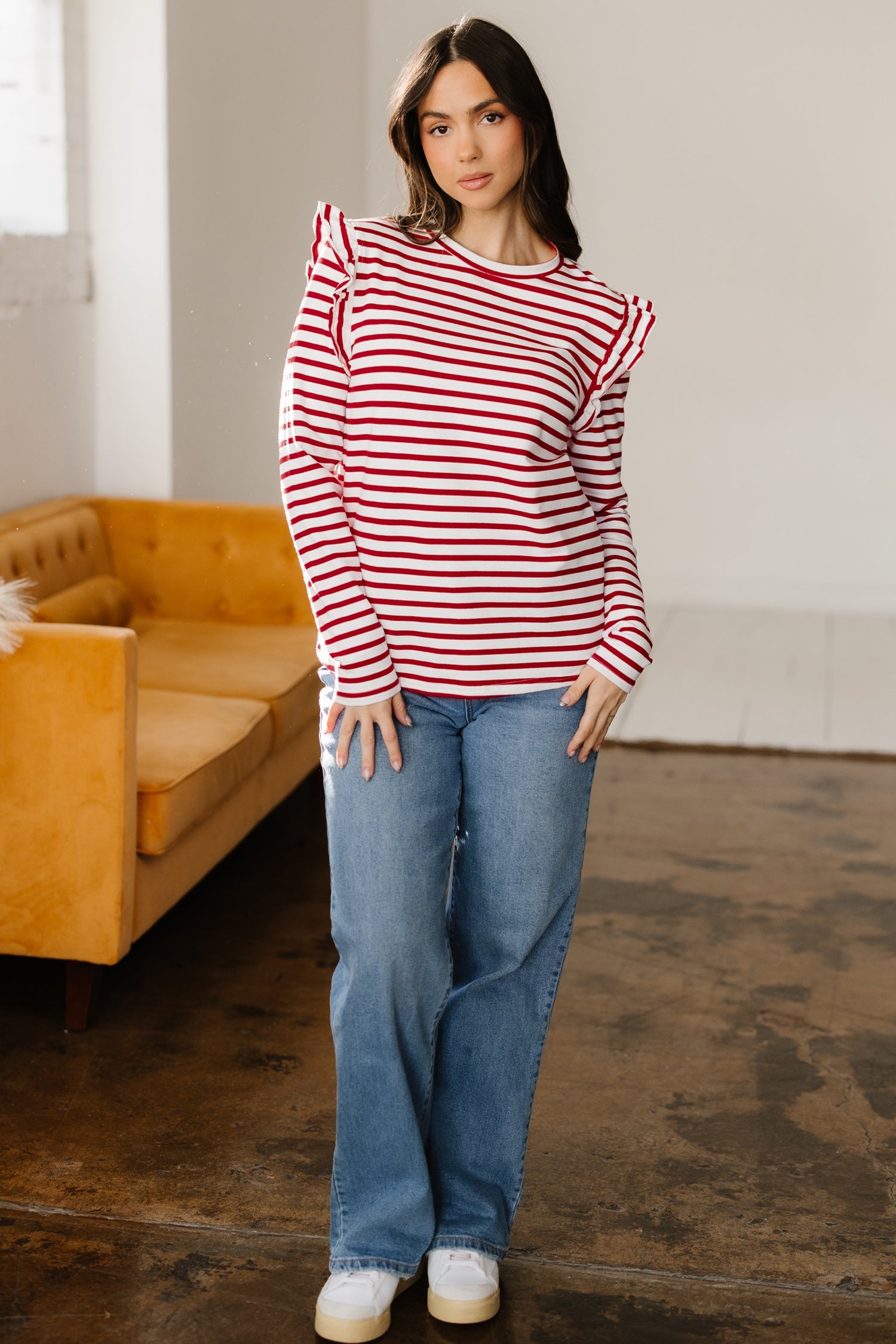 Ruffle Stripe Round-Neck Trim Long-Sleeved Top in Red