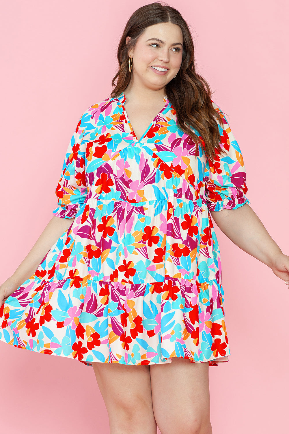 Women's Dress with Plus Floral-Print Layered V Neck