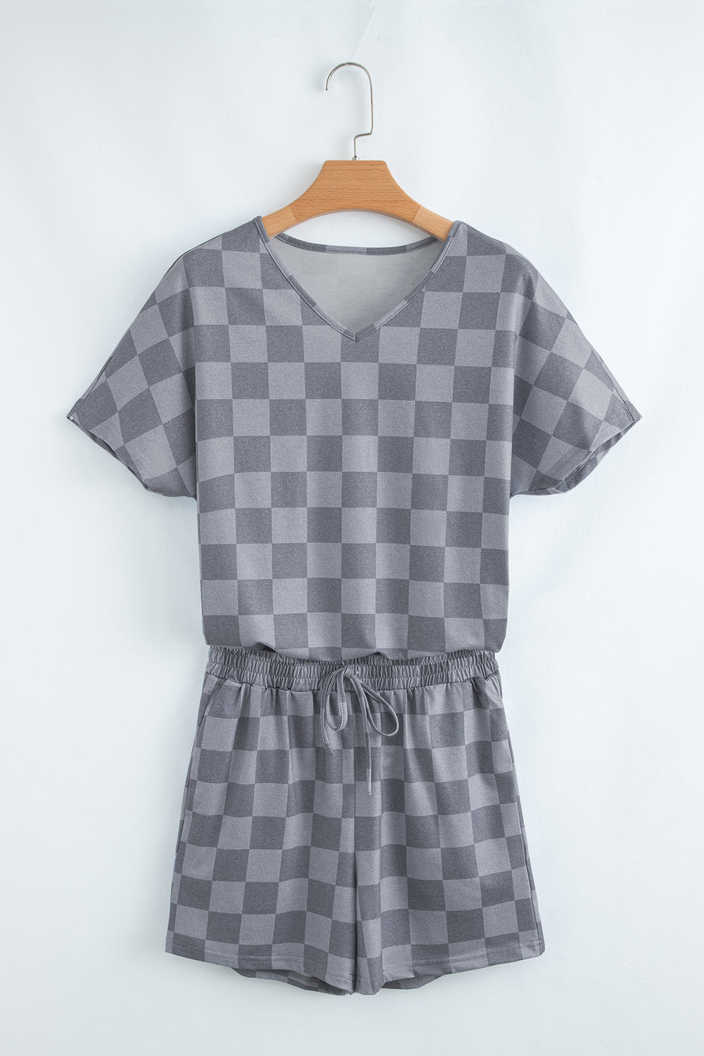 Checkered V-Neck Tee Drawcord Shorts Lounge Set in Gray