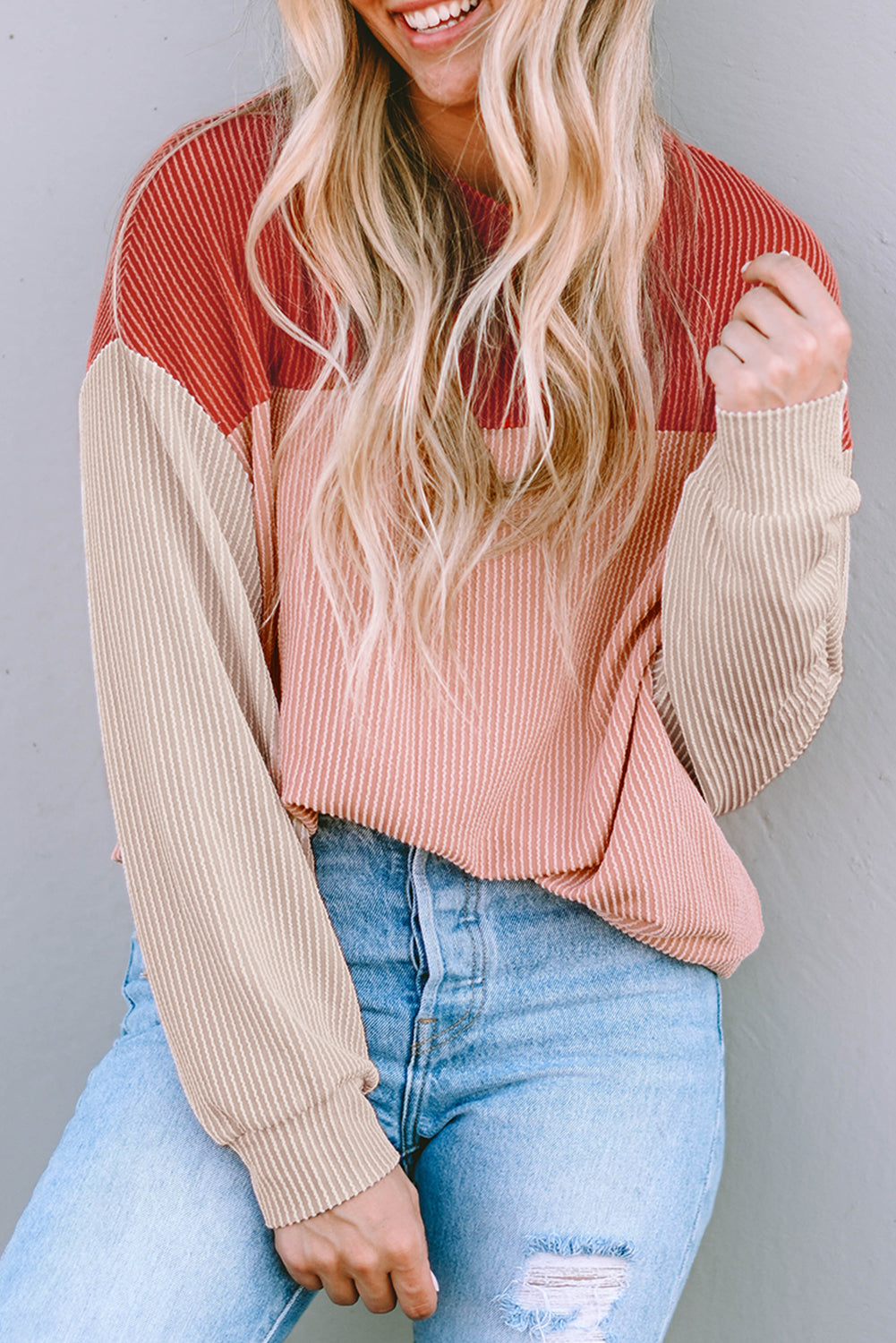 Women's Top Featuring Long-Sleeve Rib-Knitted Loose