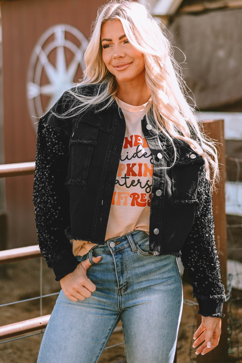 Women's Sequin Raw-Edge Denim Jacket