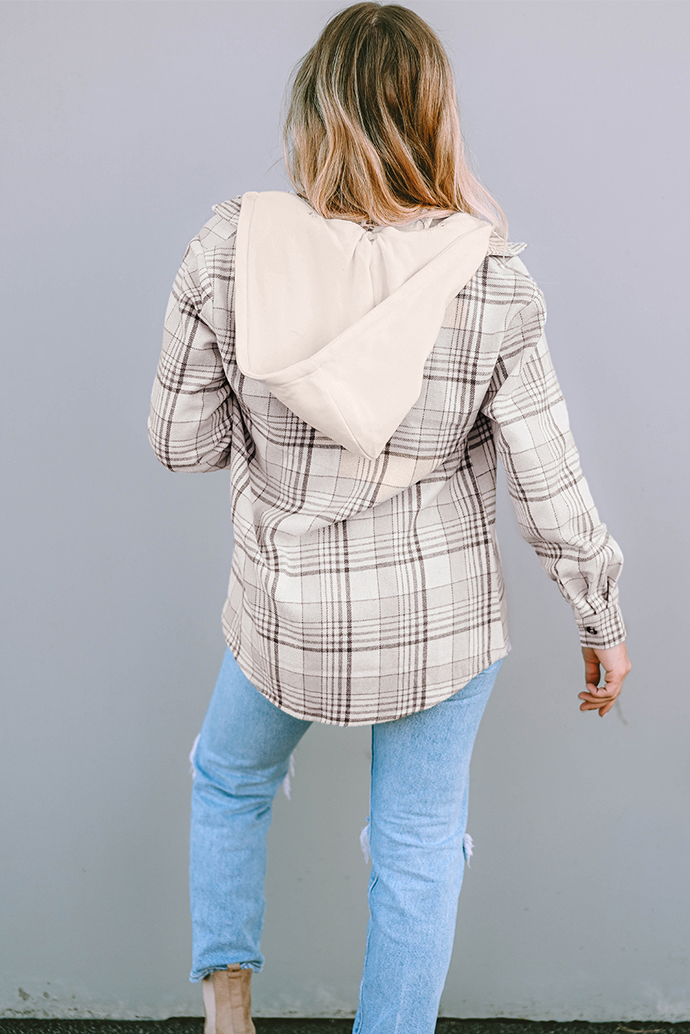 Women's Shacket Featuring Button-Front Plaid Hood