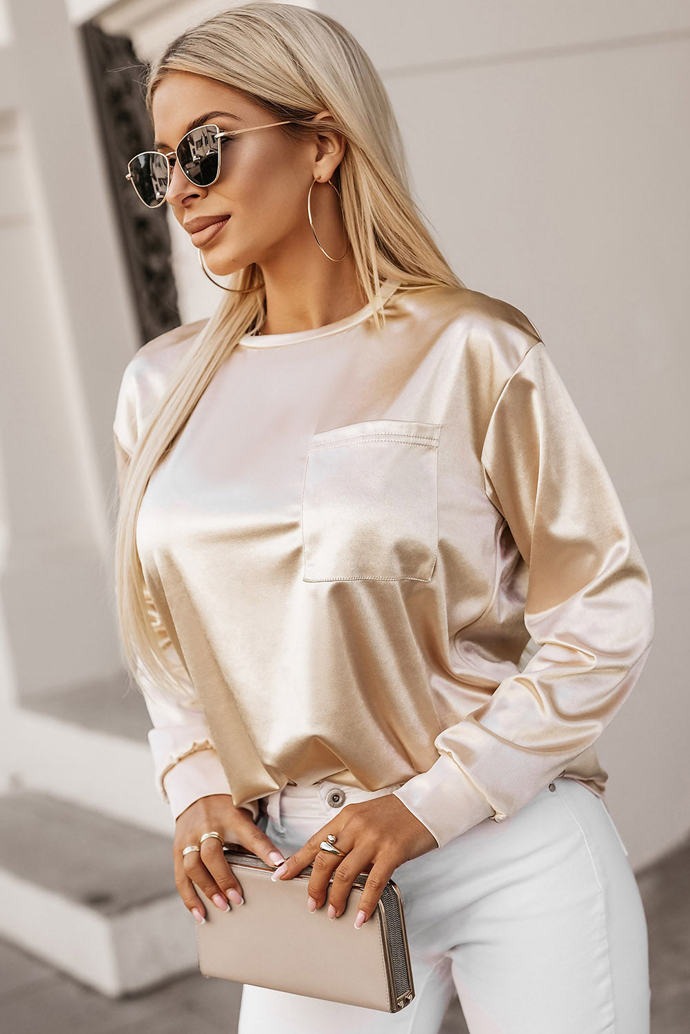 Women's Top with Pocket Long-Sleeve Glitter Chest