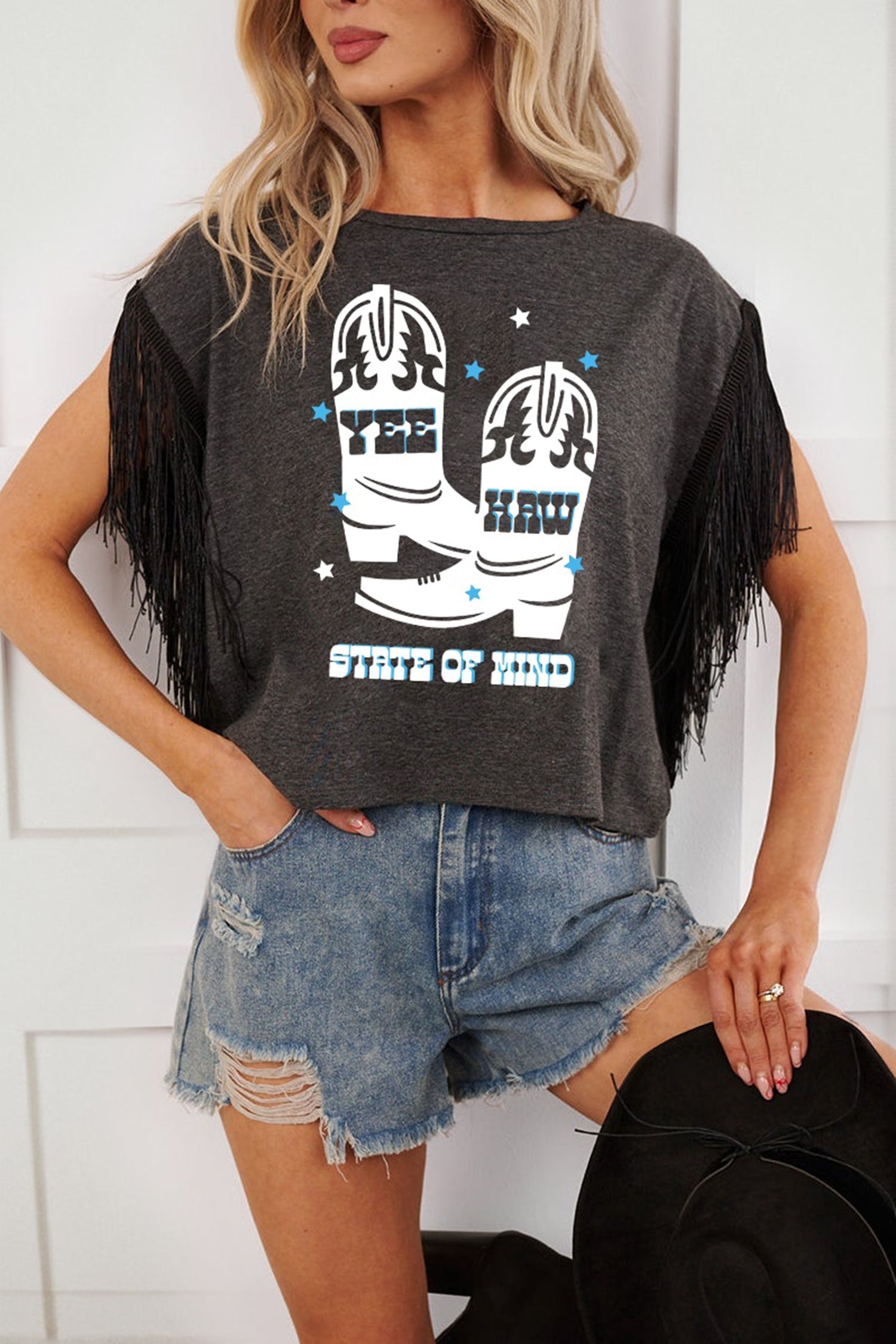 Grey YEE Carbon YEE HAW Boots STATE OF MIND Fringed Sleeve Tee