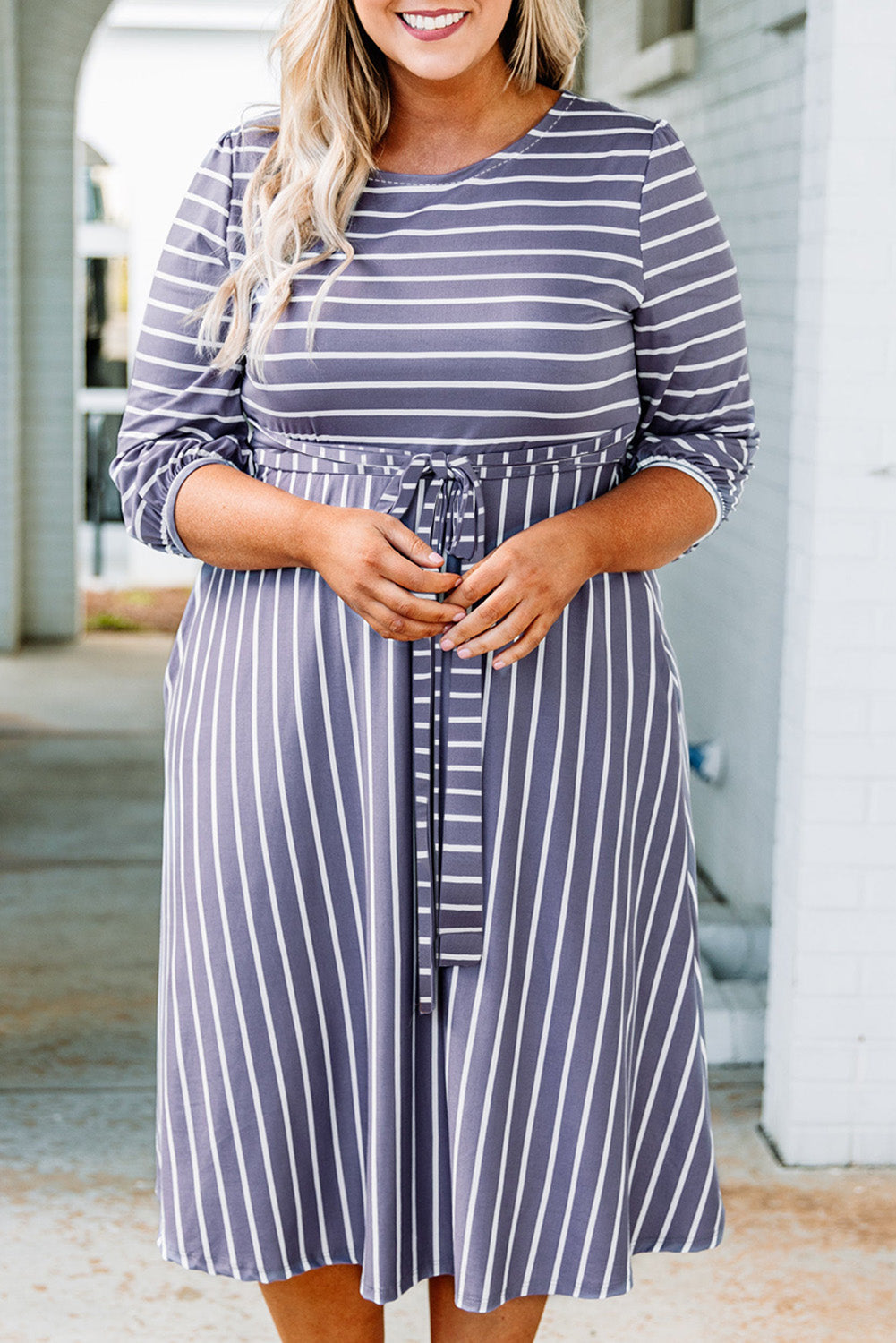 Dress for Women Tie Waist Three-Quarter Sleeve Plus Size