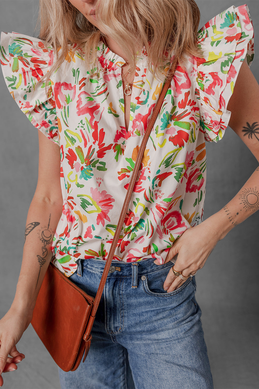 Allover Flutter Floral Printed Sleeve Split Neck Blouse