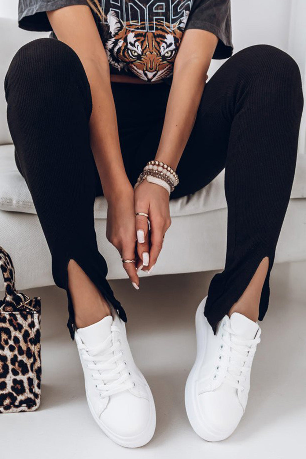 Women's Leggings with Rib-Knitted High-Rise Black Slit