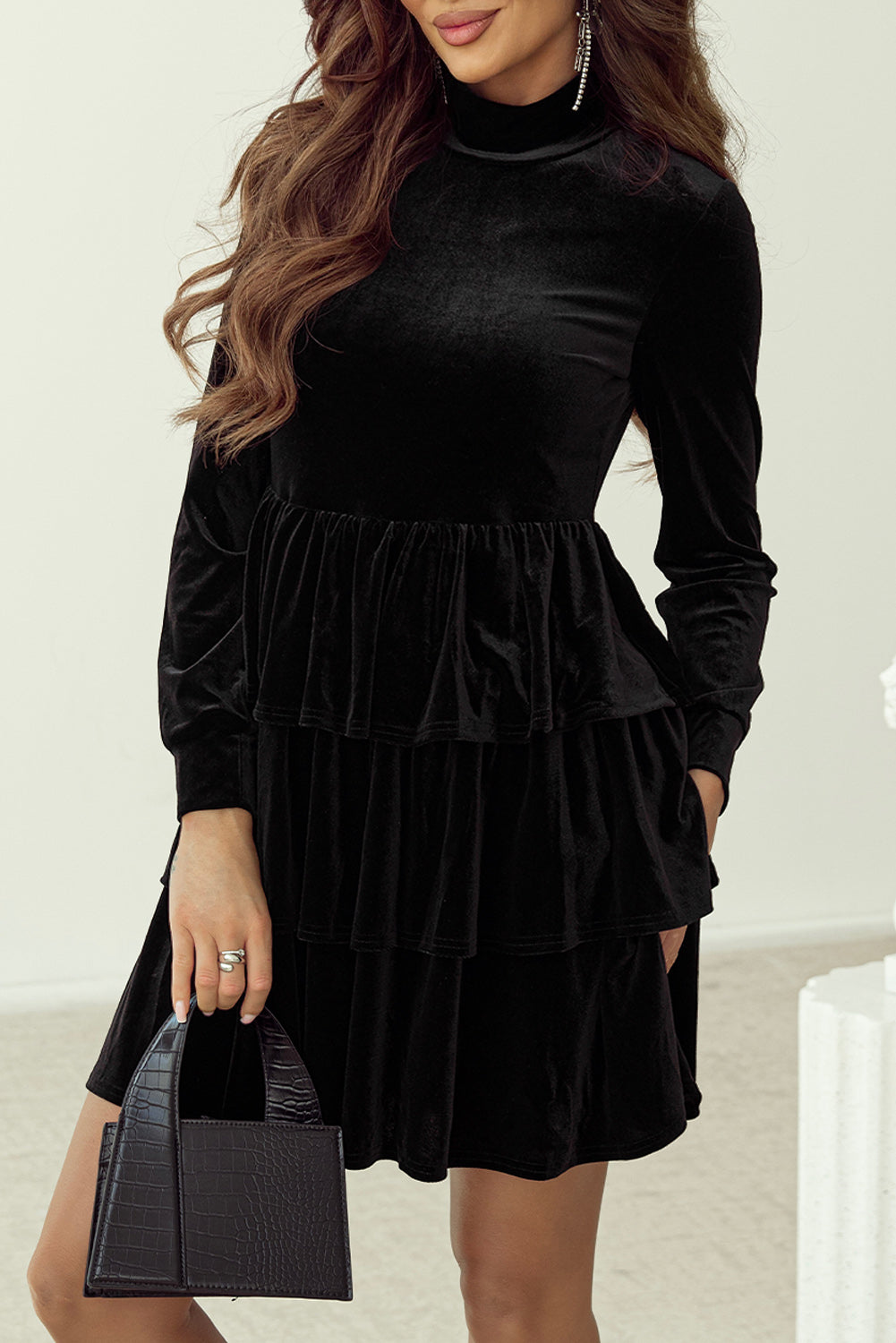 Mini Dress for Women Ruffle-Trimmed Velvet Layered