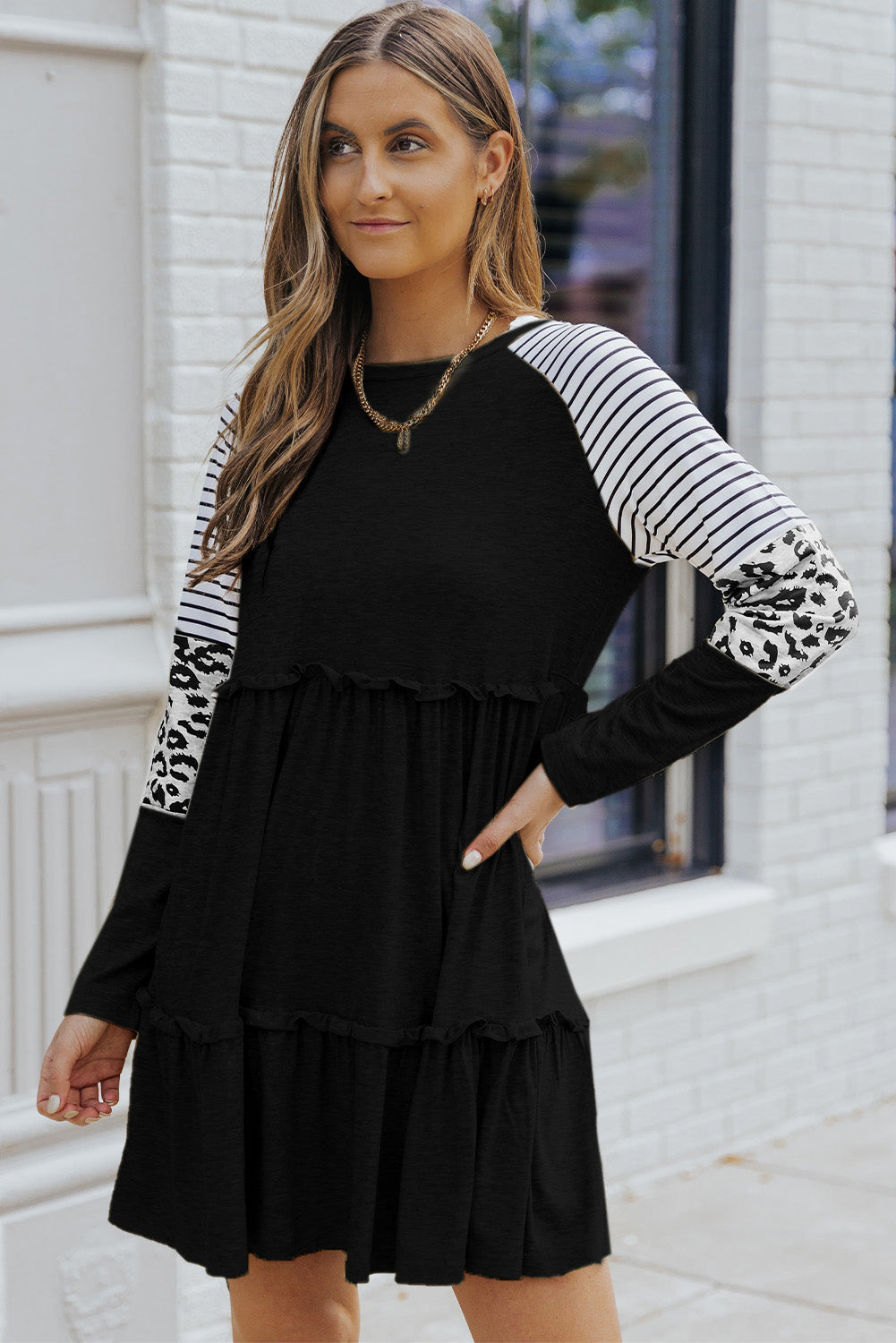 Women's Mini Dress Featuring Striped Long-Sleeve