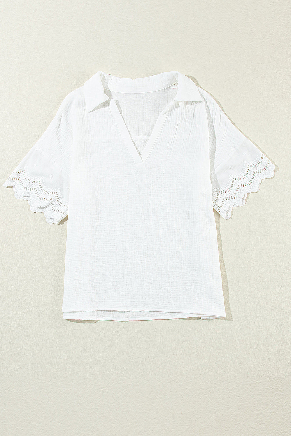 Blouse for Women Collared V Neck Crinkled Lace-Trimmed