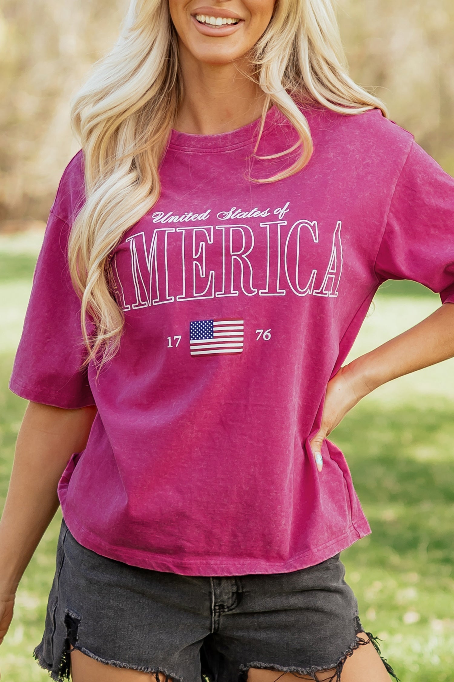 AMERICA Mineral 1776 Graphic Wash Cotton Tee in Rose Red