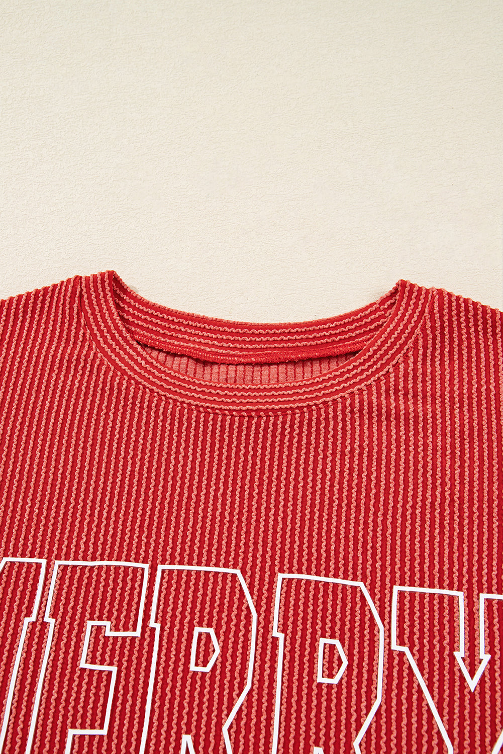 Outlined Twisted Rib Merry Letter Graphic Loose Long-Sleeved Top