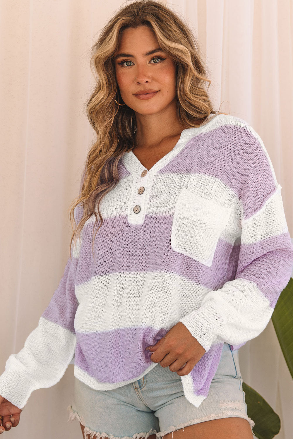 Sweater for Women Knitted Rib-Knitted Split Neck