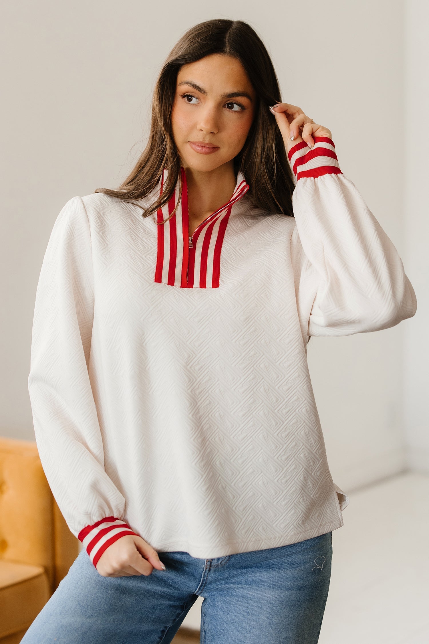 Contrast Textured Knit Striped Accent Zip Collar Pullover Top