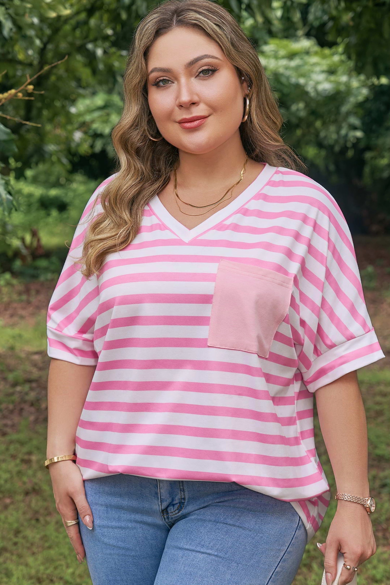 Patched Pocket Stripe Pocket V-Neck Plus Size Tee in Pink