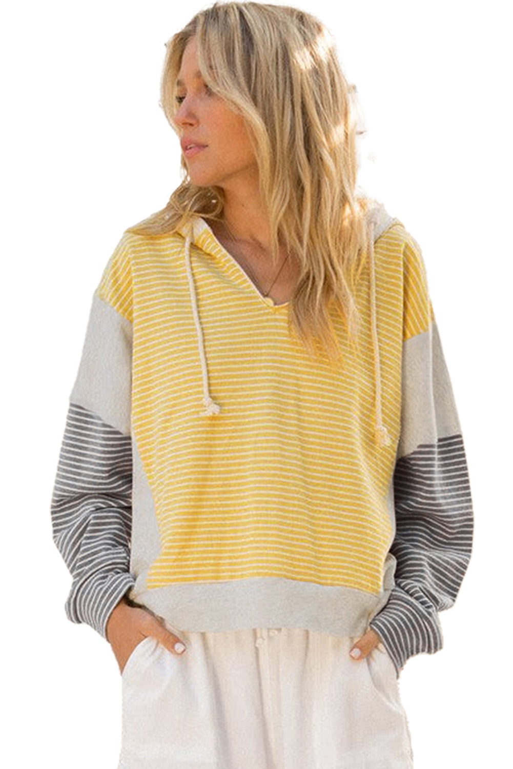 V-Neck Colorblock Drawcord Easy-Fit Fit Hooded Top