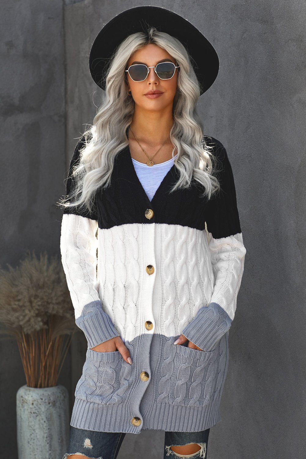Women's Knit Cardigan with Button Pocket Black Gray Color-Block