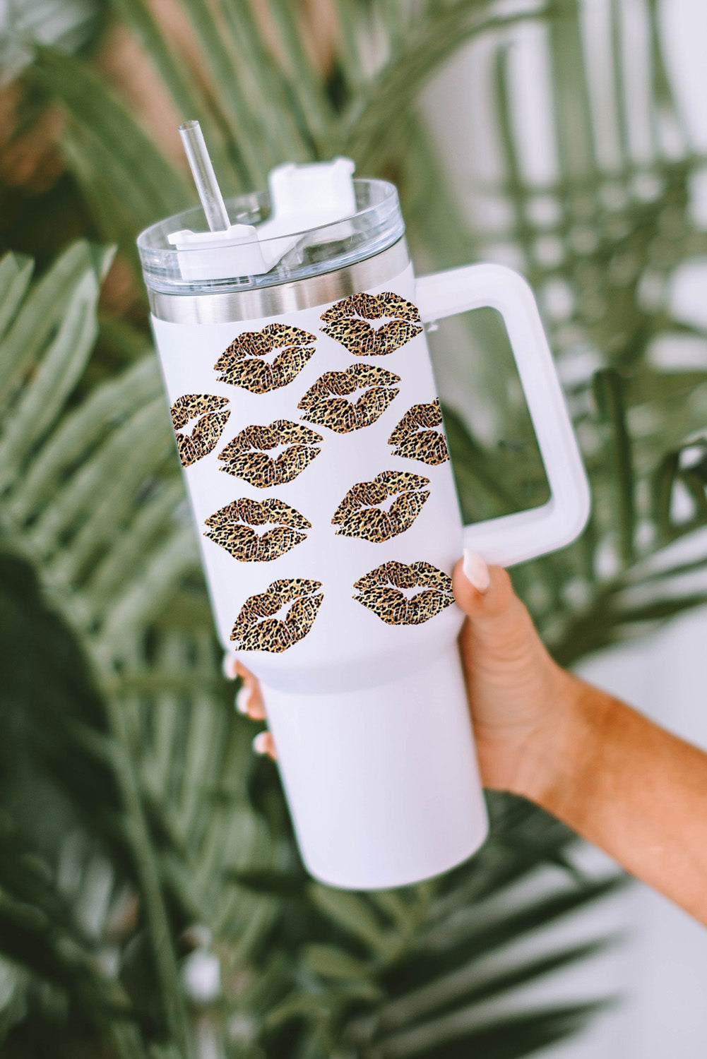 Valentine Print Leopard Lips Thermos Cup with Straw 40oz