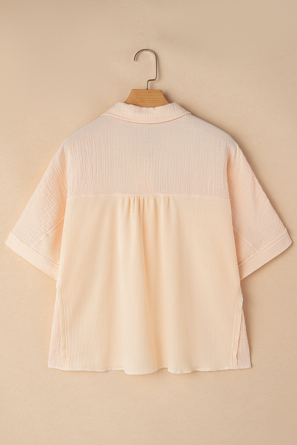 Waffle Splicing Short Batwing Sleeve Flap Detail Shirt