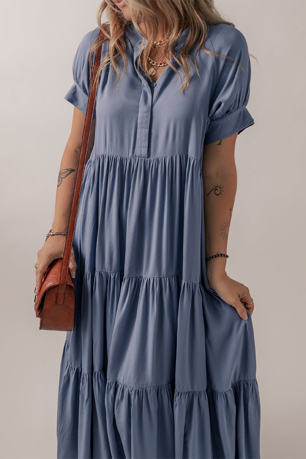 Hidden Ruffle Buttons Short-Sleeved Tiered Long Flared Dress