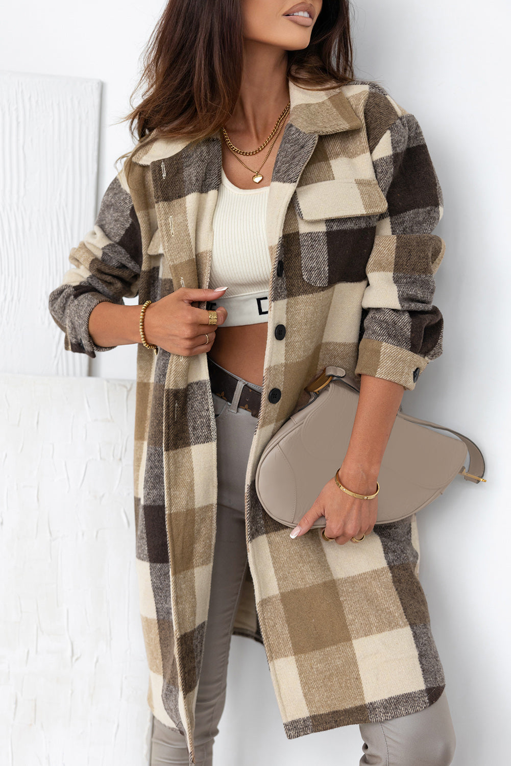 Shacket for Women Pocket Long Plaid Flap