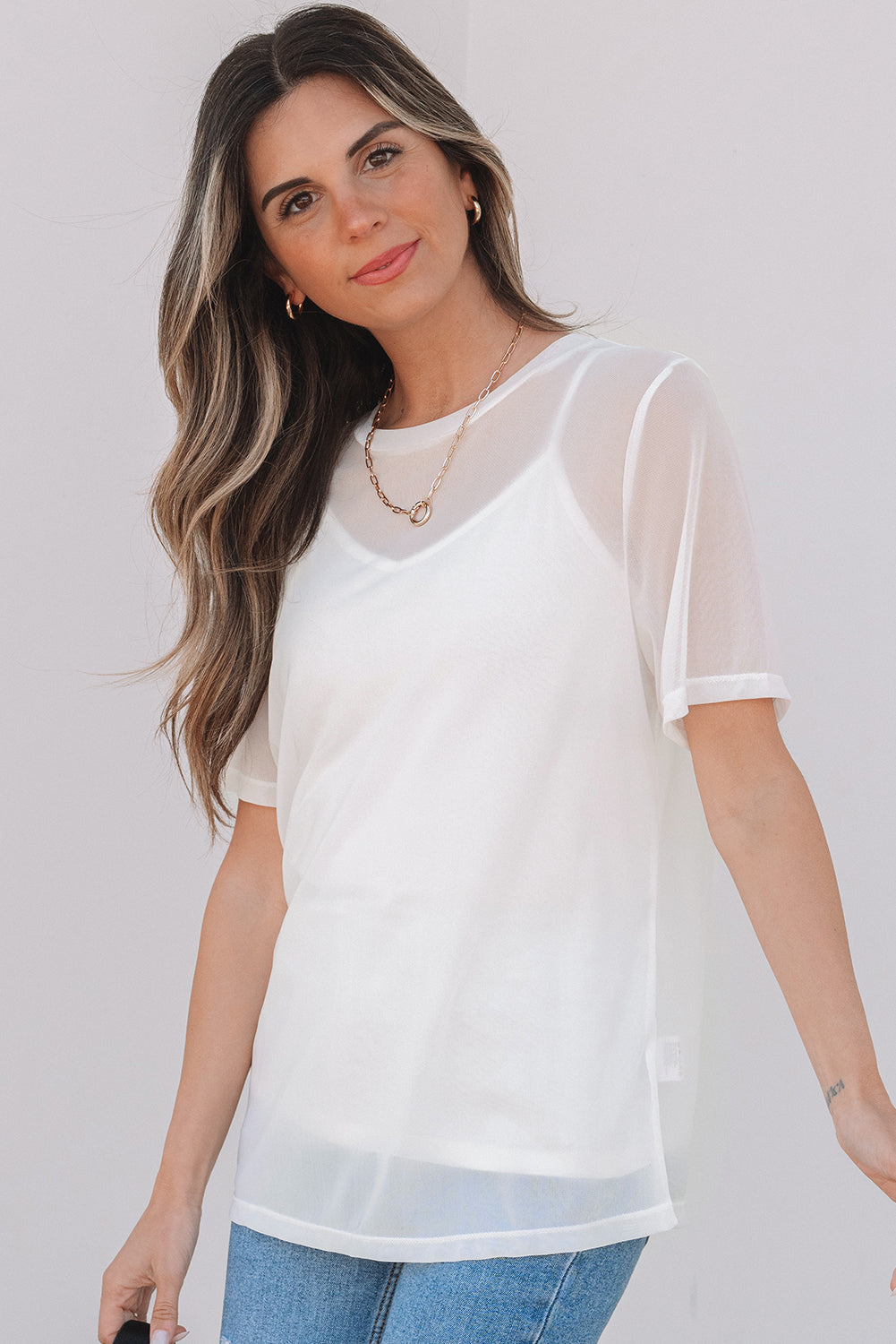 White Sheer Mesh Patchwork Short Sleeve Top