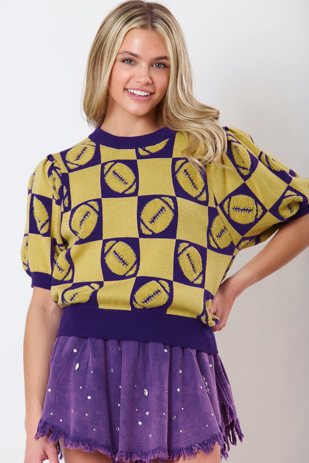 Rugby Plaid Color Block Puff Short Sleeve Sweater