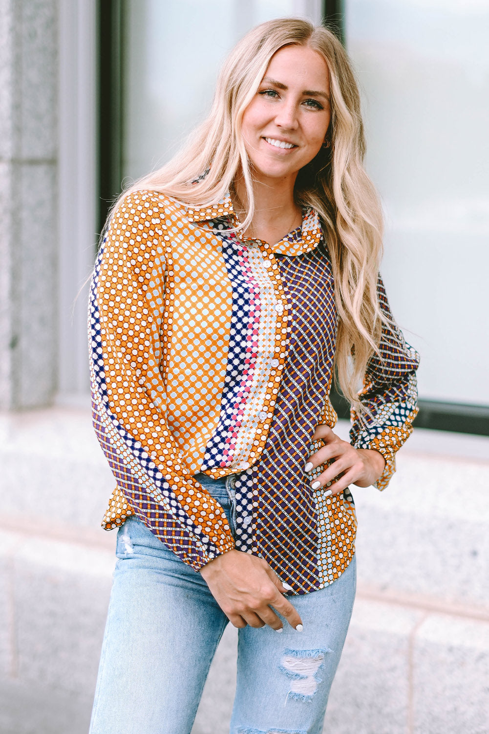 Women's Dot Print Button Down Shif T Shirt