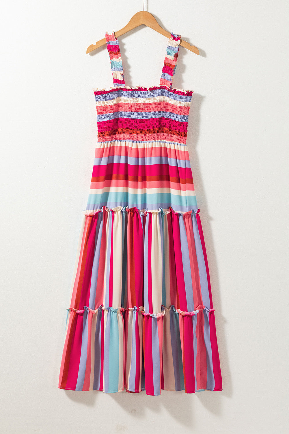 Women's Dress Featuring Ruffle-Trimmed Straps Shirred Layered