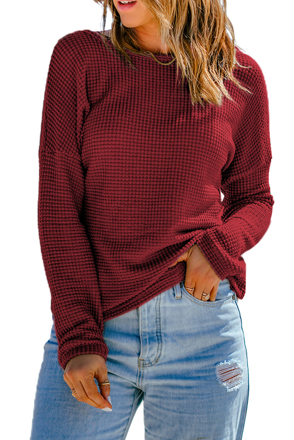 Women's Top Featuring Long-Sleeve Knitted Dropped-Shoulder