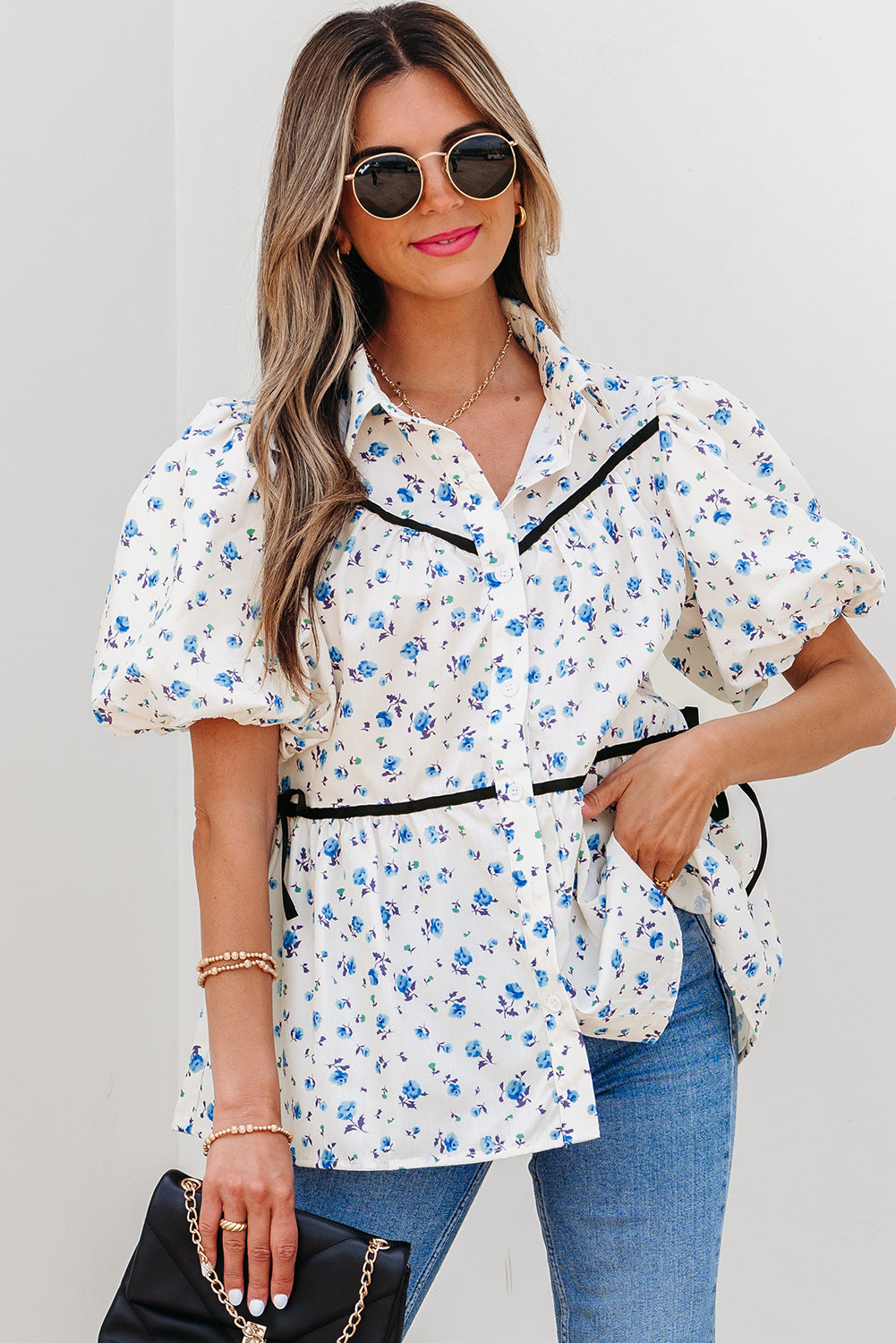 Contrast Puff Trim Floral Short-Sleeved Shirt
