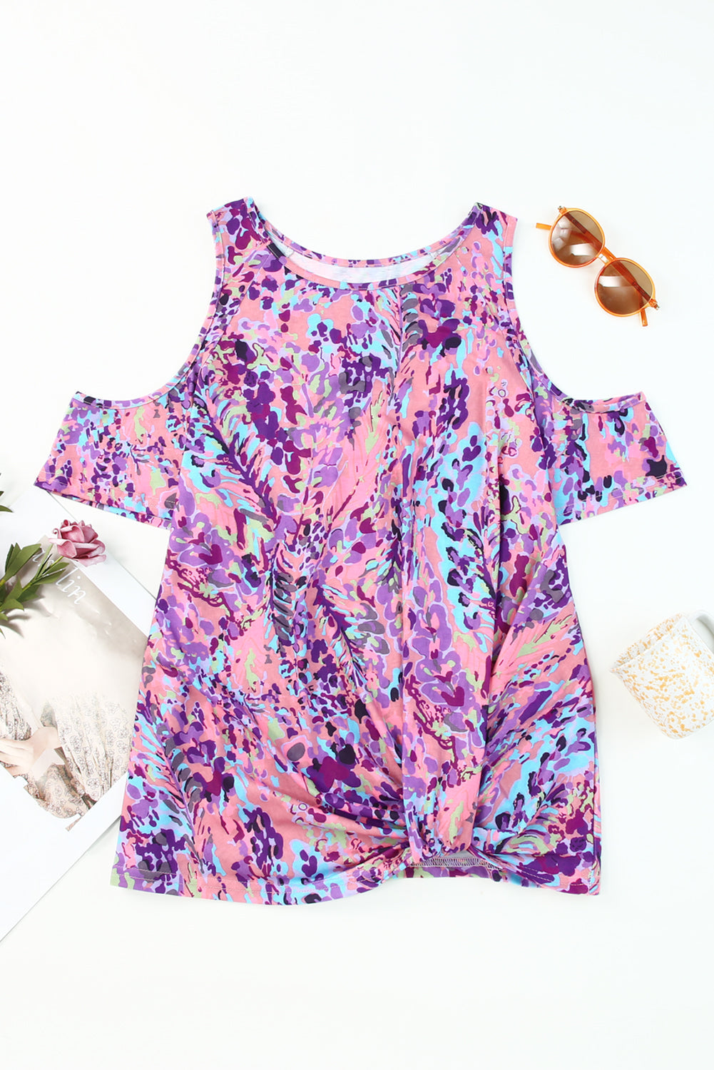 Women's Blouse Featuring Print Cold Shoulder Lavender Floral-Print