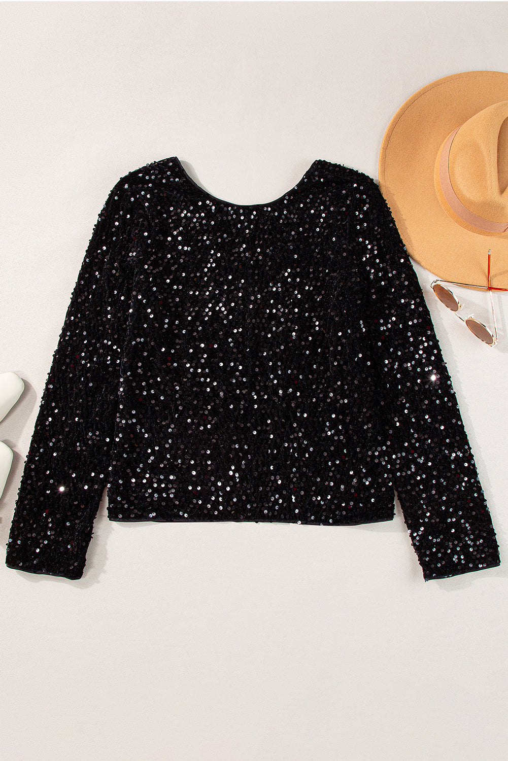 Sequin Long-Sleeved Cutout Back Top Style