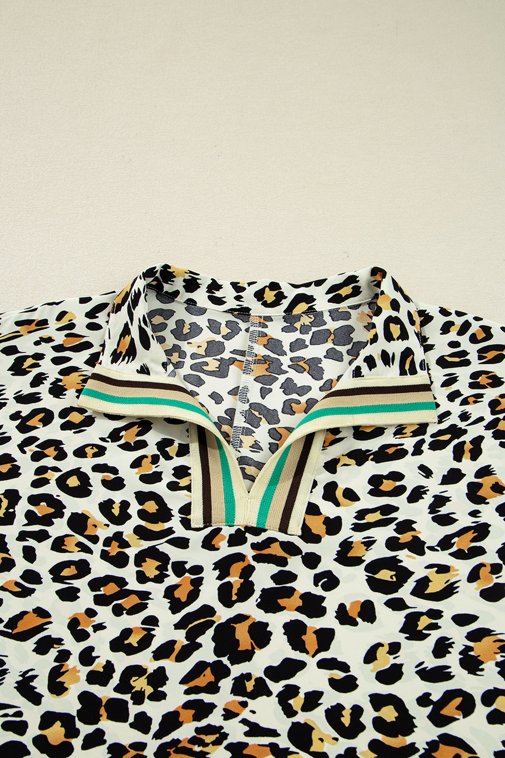 Leopard-Print Contrast Striped V-Neck Blouse