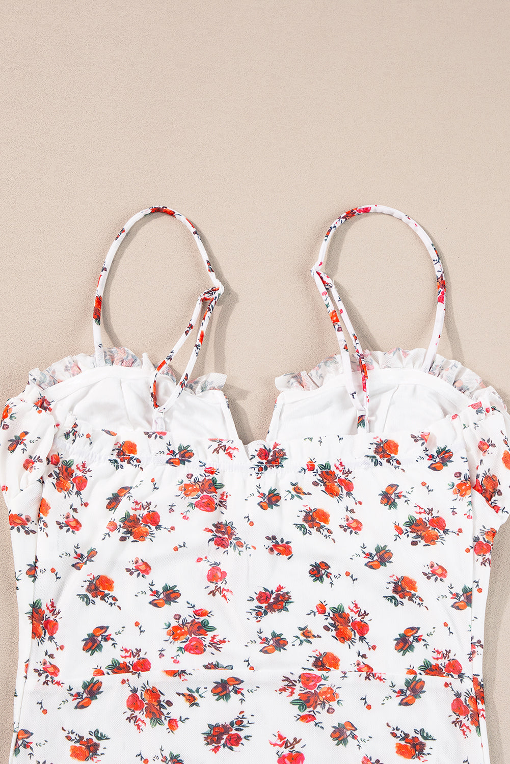 Women's Bodysuit Featuring Floral-Print V Cut Frill-Trimmed Trim Straps